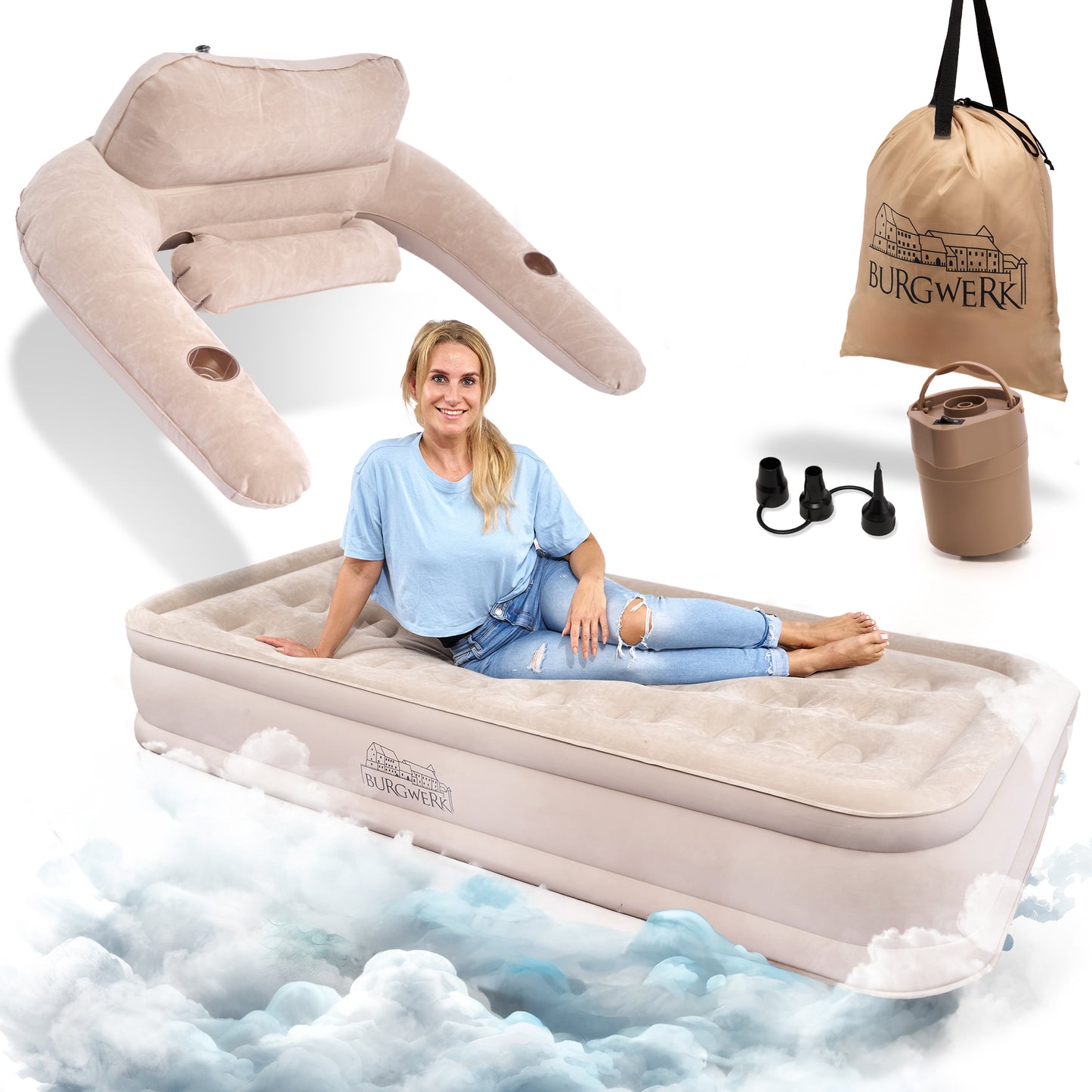 Luftbett für 1 Person [Praktisches 3 in 1 System] in Beige