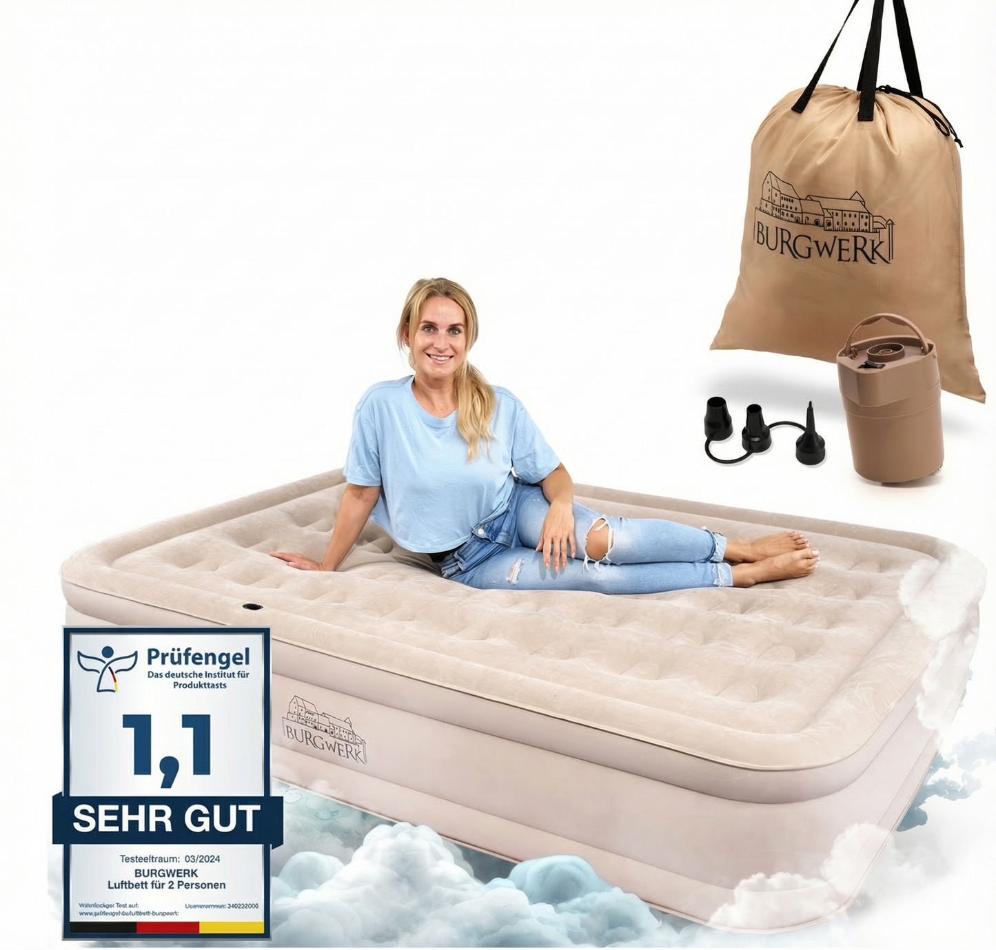 Luftbett für 2 Personen [Praktisches 3 in 1 System] in Beige ohne Rückenlehne