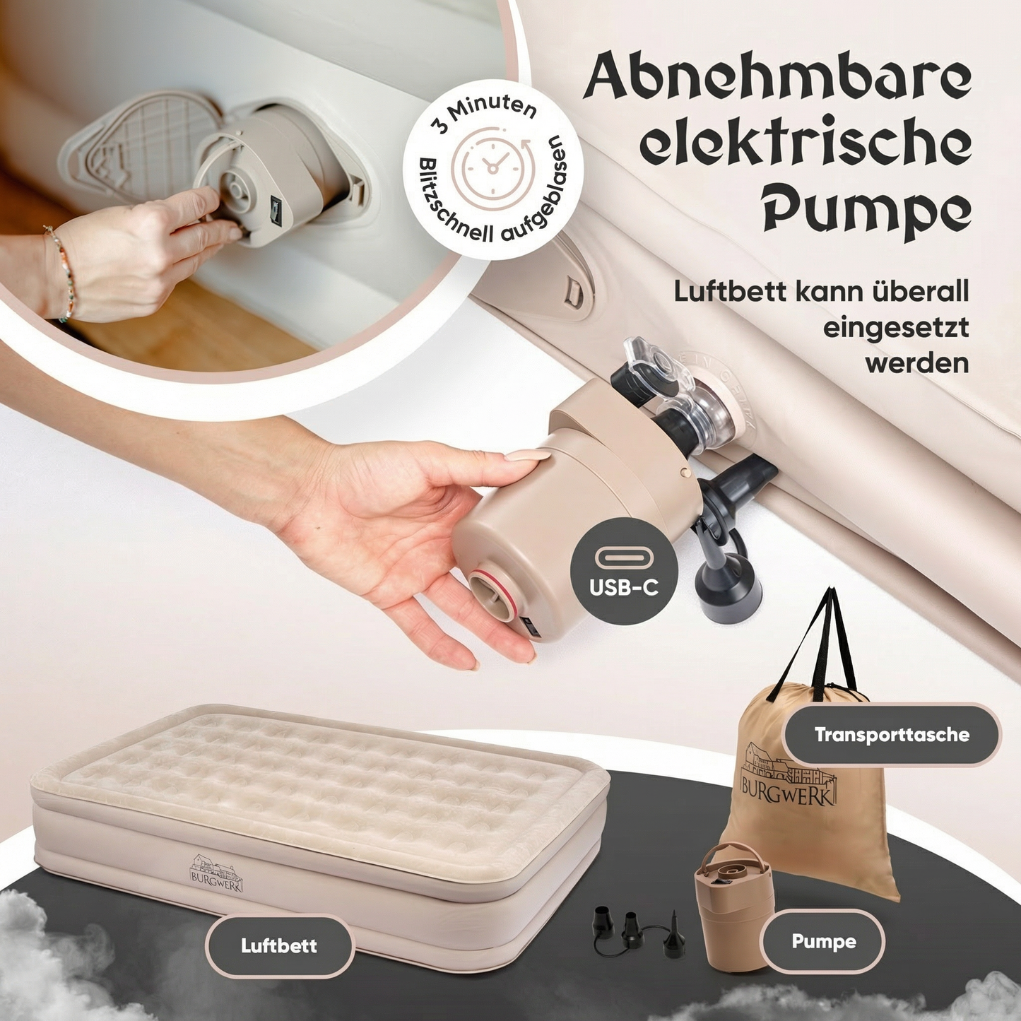 Luftbett für 2 Personen [Praktisches 3 in 1 System] in Beige ohne Rückenlehne