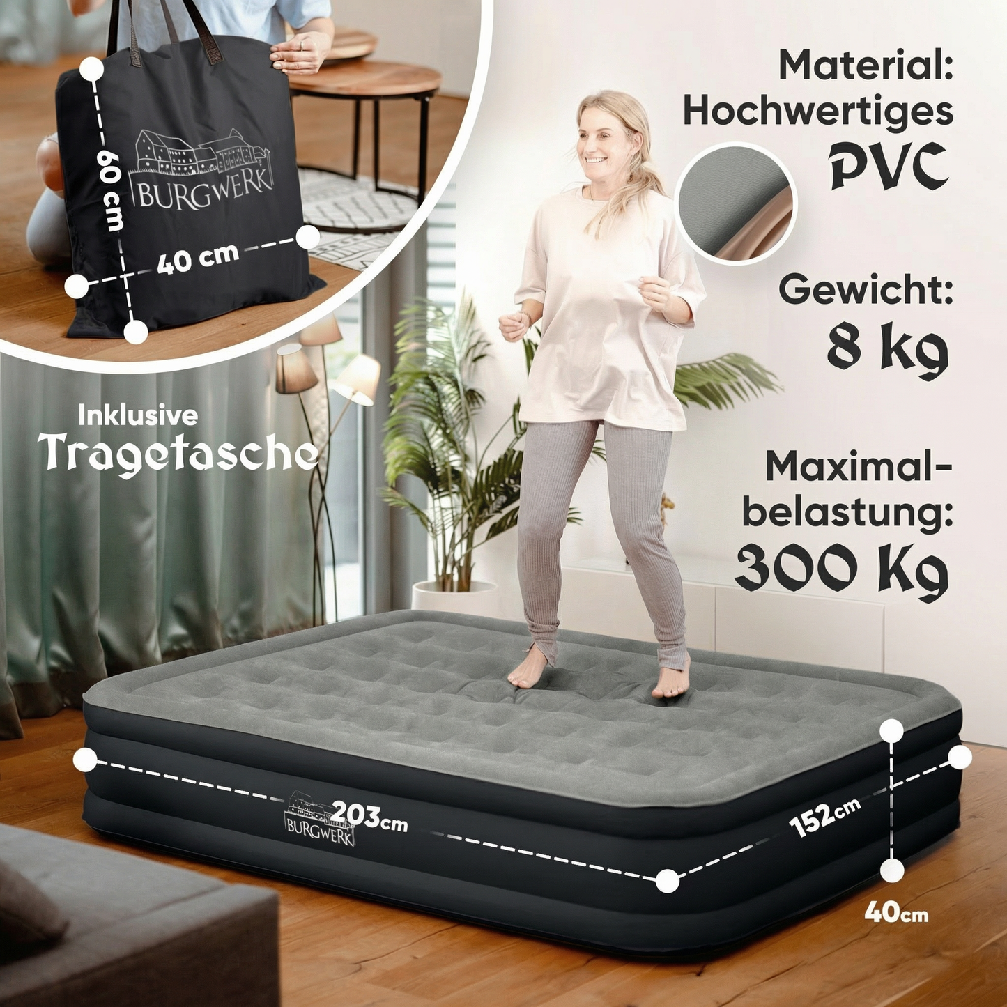 Luftbett für 2 Personen [Praktisches 3 in 1 System] in Schwarz/Anthrazit ohne Rückenlehne