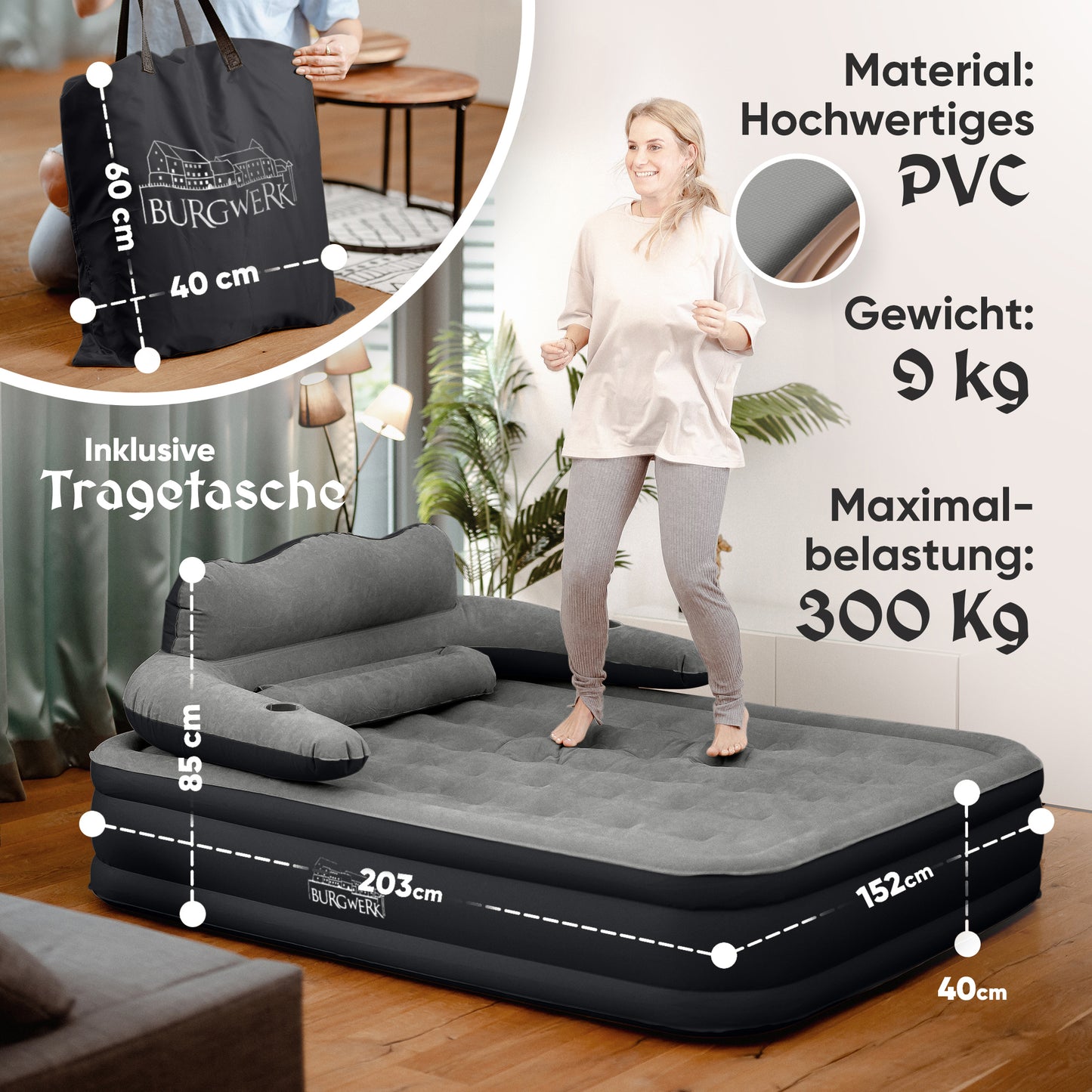 Luftbett für 2 Personen [Praktisches 3 in 1 System] in Schwarz/Anthrazit