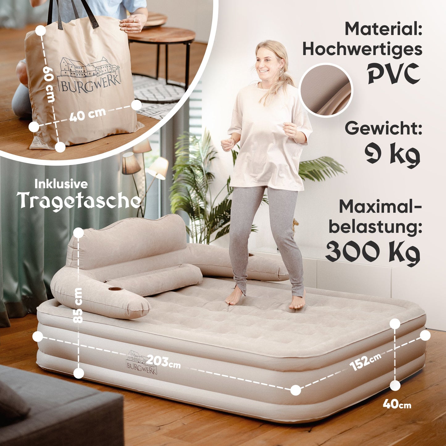 Luftbett für 2 Personen [Praktisches 3 in 1 System] in Beige